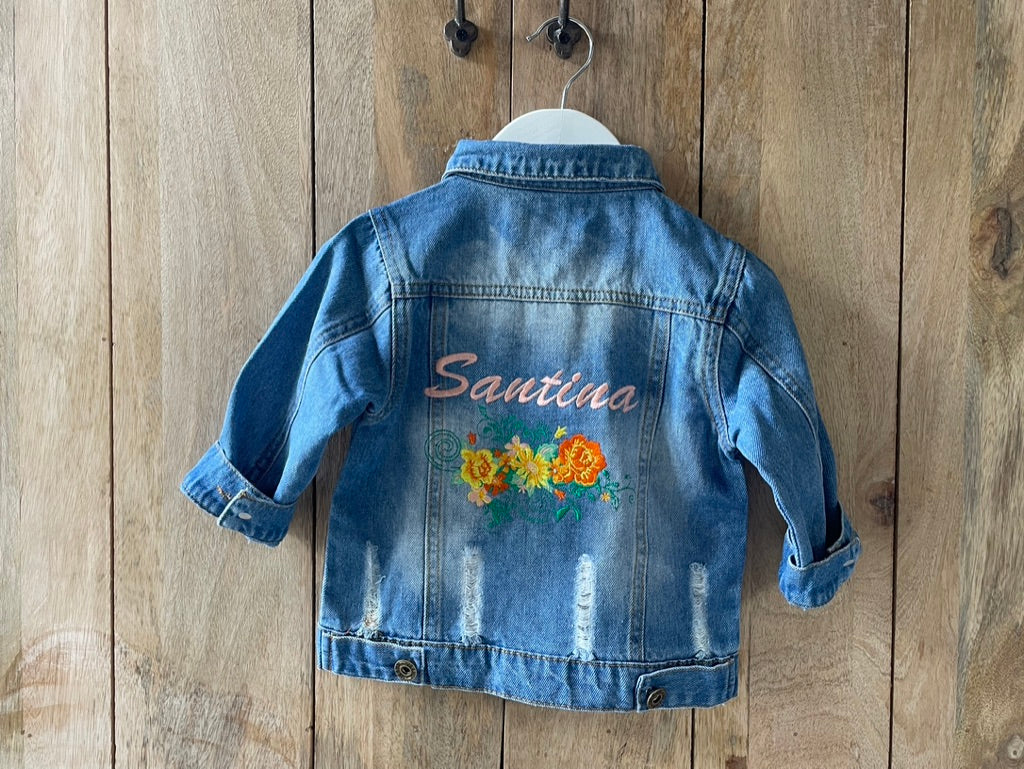 Personalised Yellow & Orange Embroidered Floral Denim Jacket