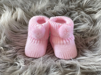 Baby Pink Knitted Pom Pom Newborn Baby Booties