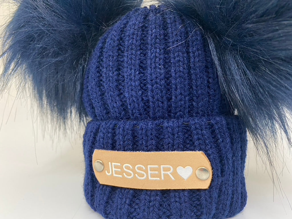 Hand Stamped Navy Blue Knitted Double Pom-Pom Baby Hat