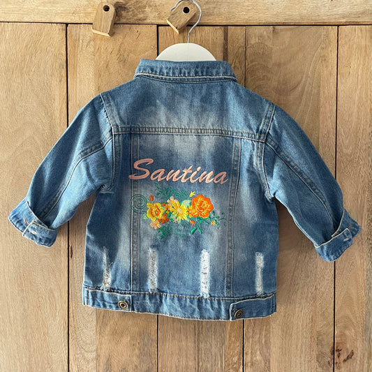 Personalised Yellow & Orange Embroidered Floral Denim Jacket