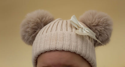 Cream Knitted Double Pom-Pom Baby Hat with Bow