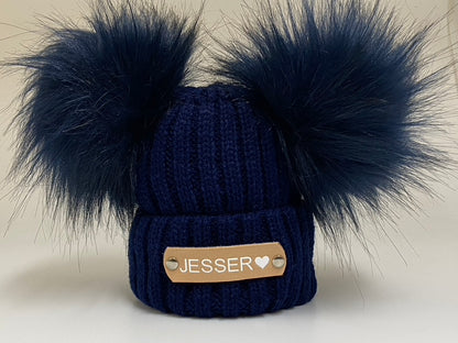 Hand Stamped Navy Blue Knitted Double Pom-Pom Baby Hat