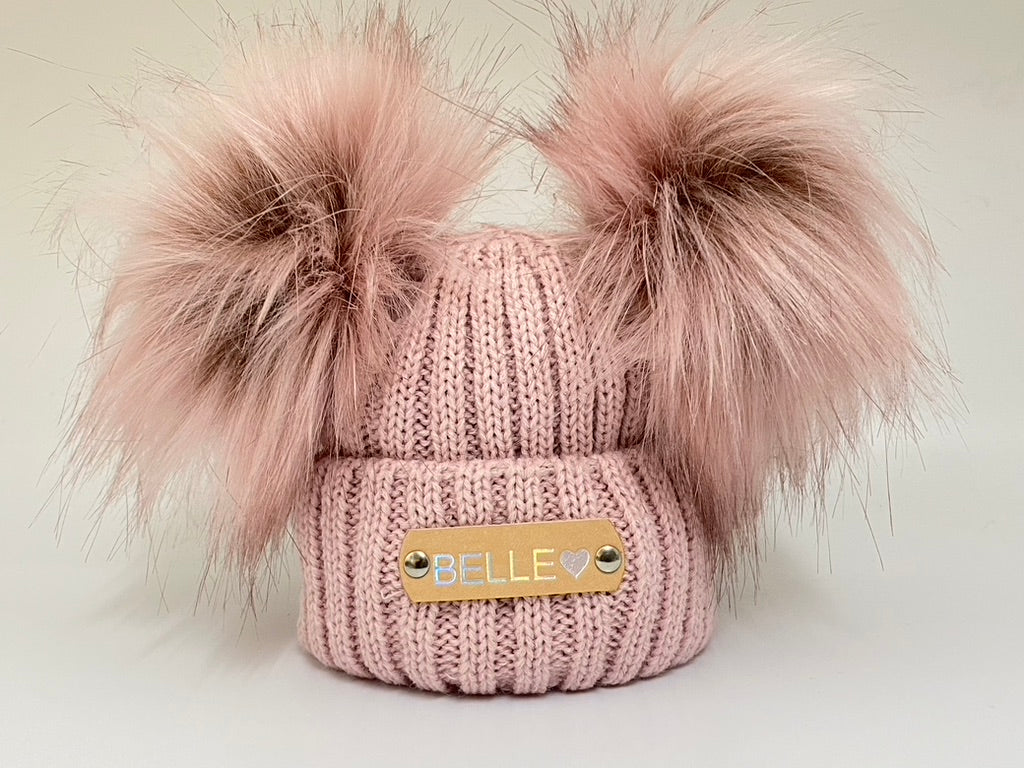 Hand Stamped Rose Gold Knitted Double Pom-Pom Baby Hat