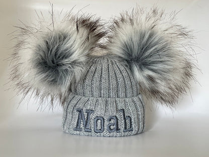 Embroidered Grey Knitted Double Pom-Pom Baby Hat