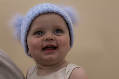 Embroidered Baby Blue Knitted Double Pom-Pom Baby Hat