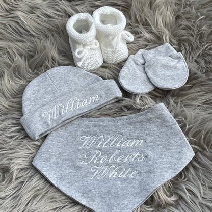 Grey Embroidered Newborn 4 Piece Gift Set