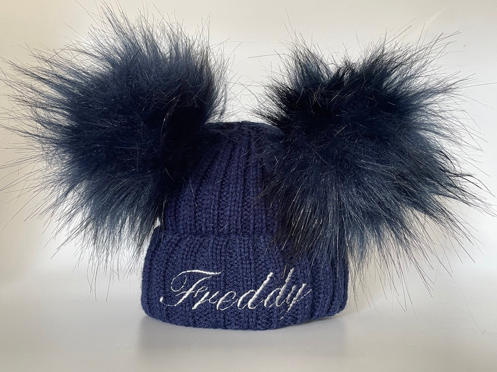 Embroidered Navy Blue Knitted Double Pom-Pom Baby Hat