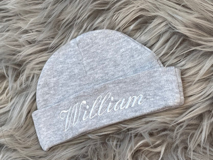 Personalised Embroidered Grey Newborn Baby Hat