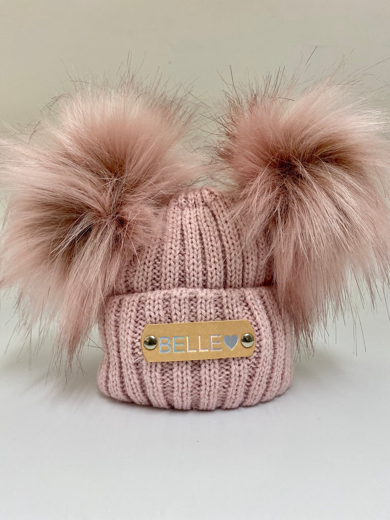 Hand Stamped Rose Gold Knitted Double Pom-Pom Baby Hat