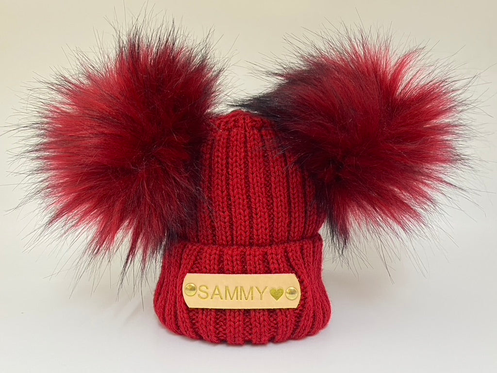 Hand Stamped Red Knitted Double Pom-Pom Baby Hat