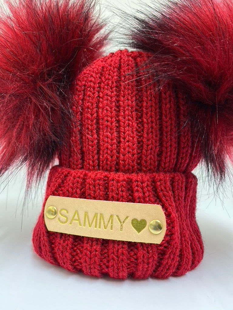 Hand Stamped Red Knitted Double Pom-Pom Baby Hat