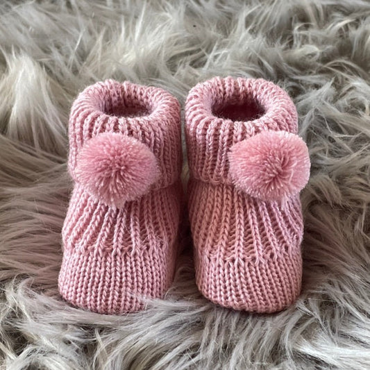 rose gold knitted pom pom booties