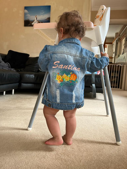 Personalised Yellow & Orange Embroidered Floral Denim Jacket