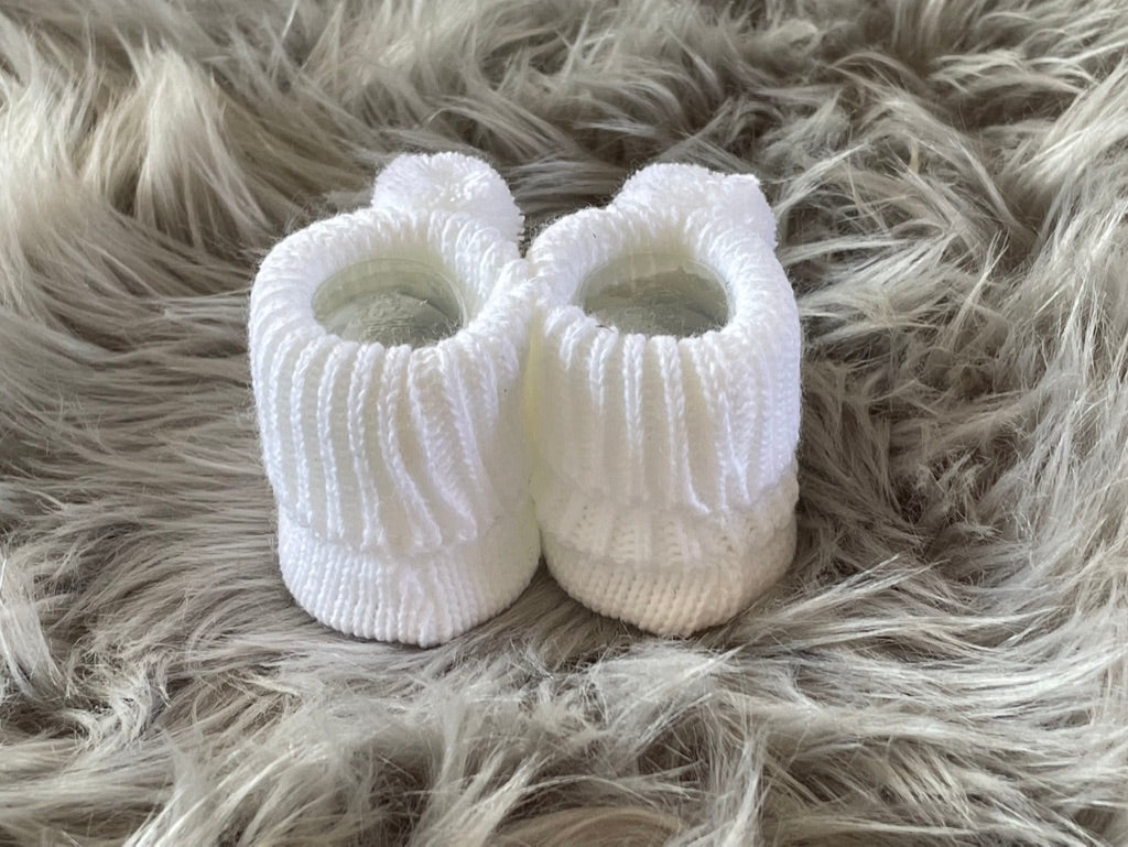 White Knitted Pom Pom Newborn Baby Booties