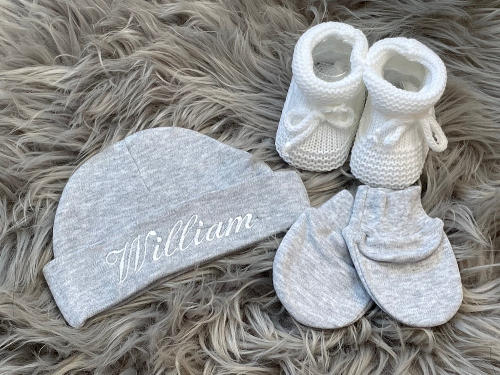 Grey Embroidered Newborn 3 Piece Gift Set