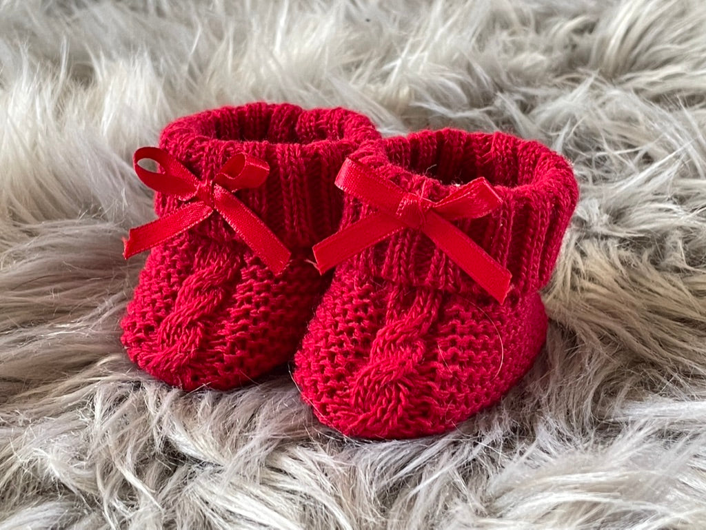 Red Knitted Newborn Baby Booties with Bow