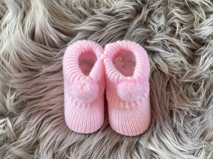 Baby Pink Knitted Pom Pom Newborn Baby Booties