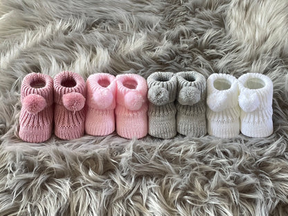 Rose Gold Knitted Pom Pom Newborn Baby Booties