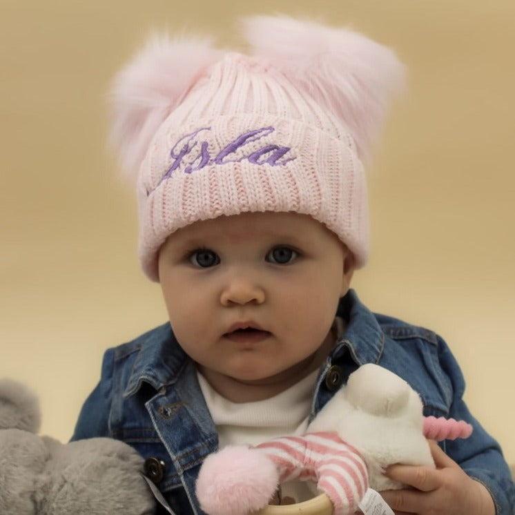 baby pink embroidered pom pom knitted winter baby hat