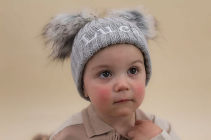 Embroidered Grey Knitted Double Pom-Pom Baby Hat