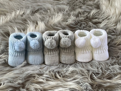 Baby Blue Knitted Pom Pom Newborn Baby Booties