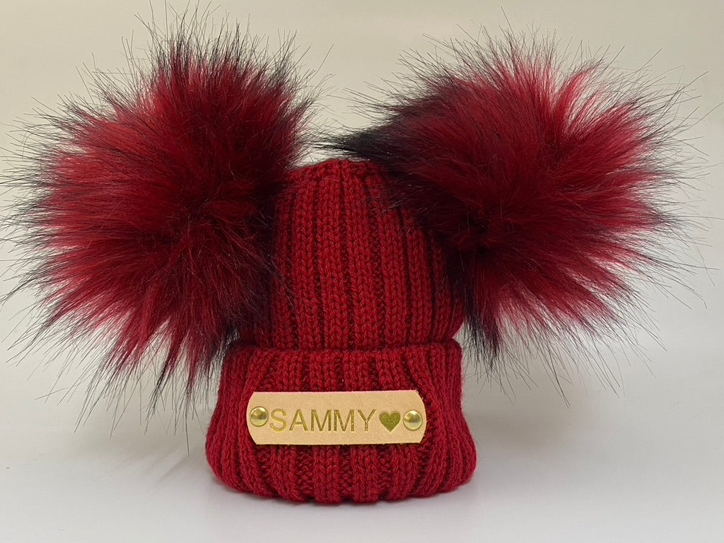 Hand Stamped Red Knitted Double Pom-Pom Baby Hat