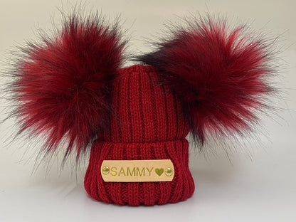 Hand Stamped Red Knitted Double Pom-Pom Baby Hat