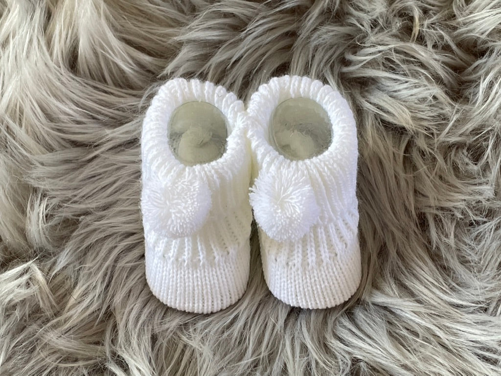 White Knitted Pom Pom Newborn Baby Booties