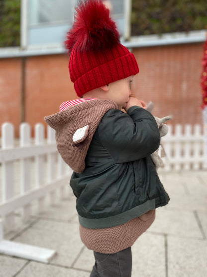 Hand Stamped Red Knitted Double Pom-Pom Baby Hat