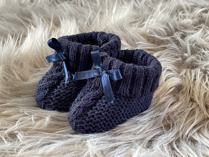 Navy Blue Knitted Newborn Baby Booties with Bow