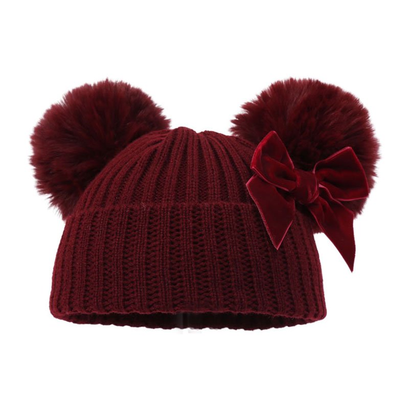 Burgundy double pom pom knitted baby hat