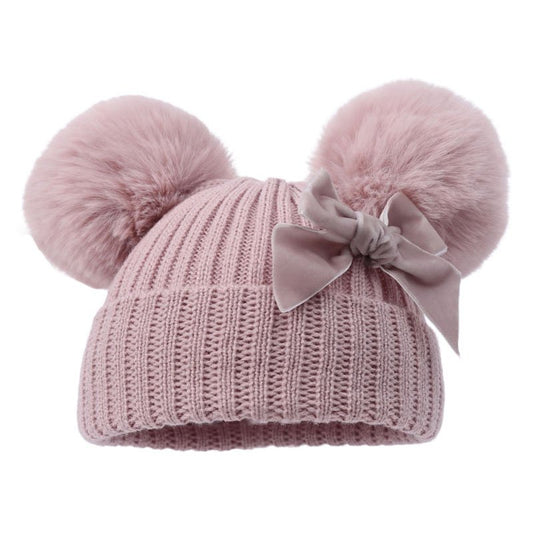 Rose Gold knitted baby pom pom hat with velvet bow