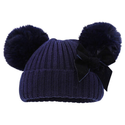 Navy Blue Knitted Double Pom-Pom Baby Hat with Velvet Bow