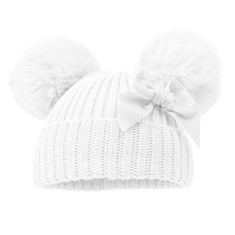 White knitted baby hat with bow detail