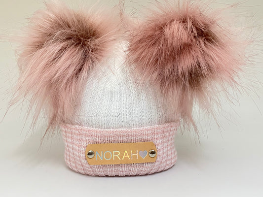 Dusty Pink striped Double Pom-Pom Knitted Baby Hat