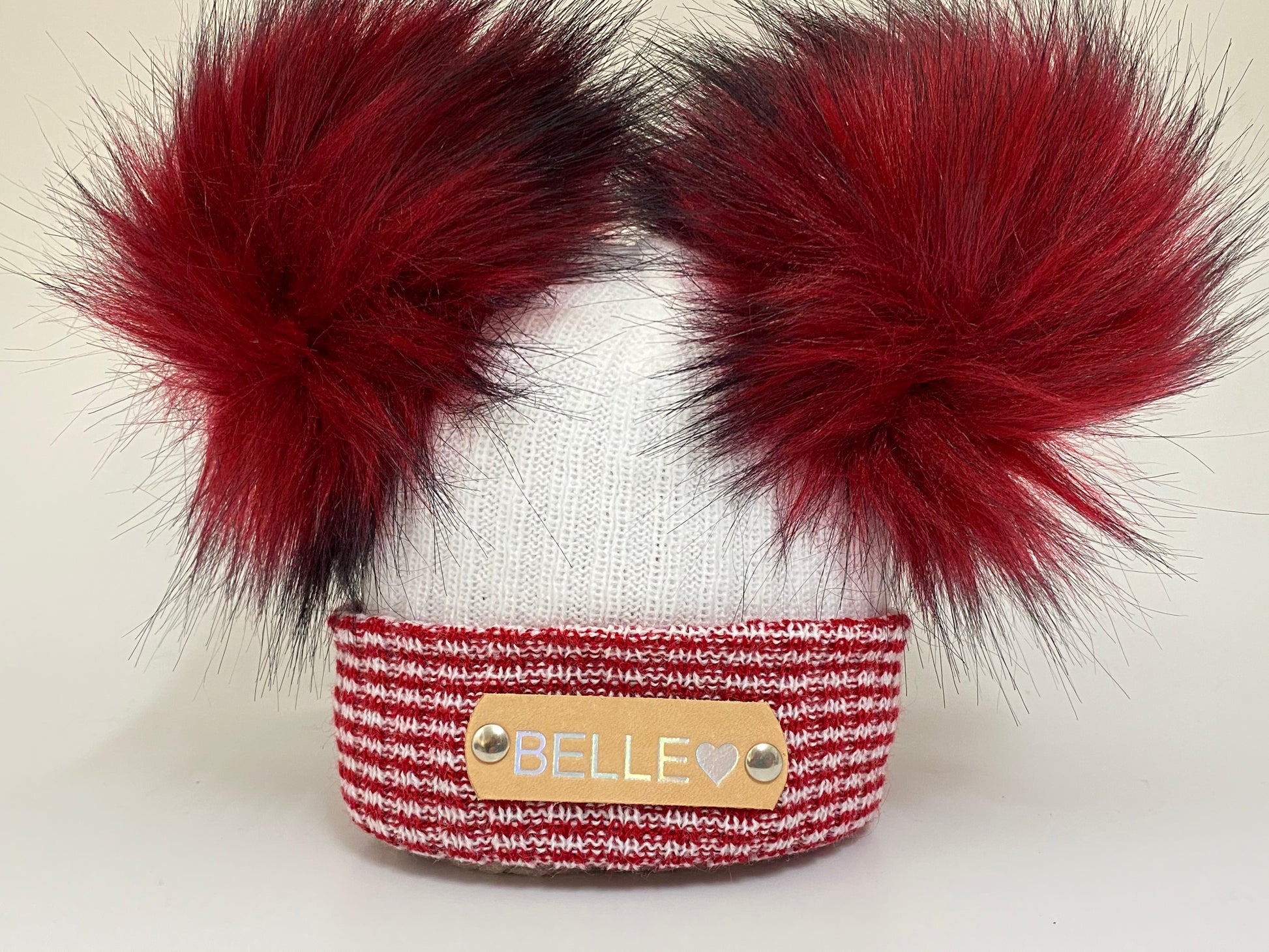 Red and white striped knitted winter baby pom pom hat