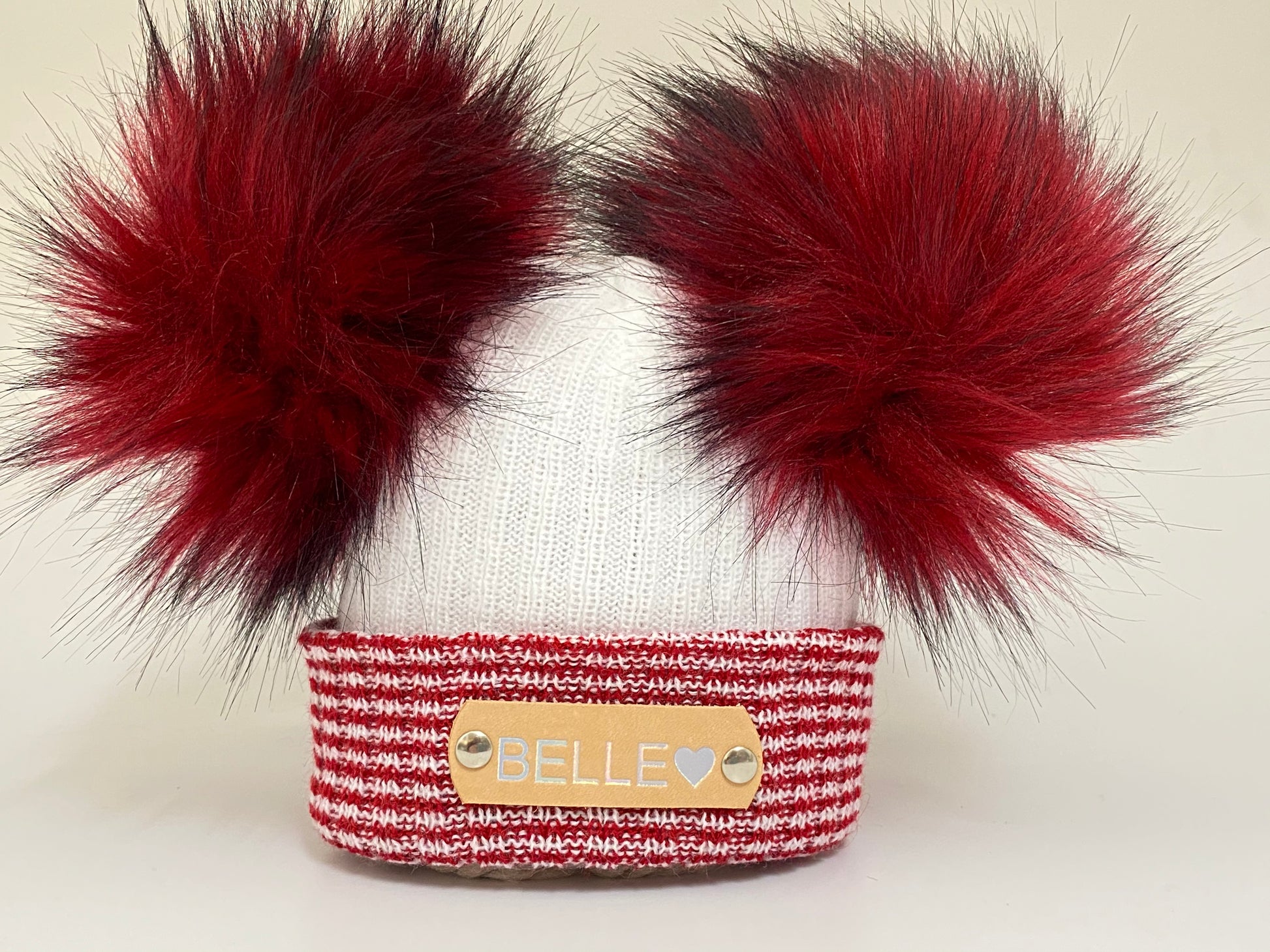 Red and white striped knitted winter baby pom pom hat