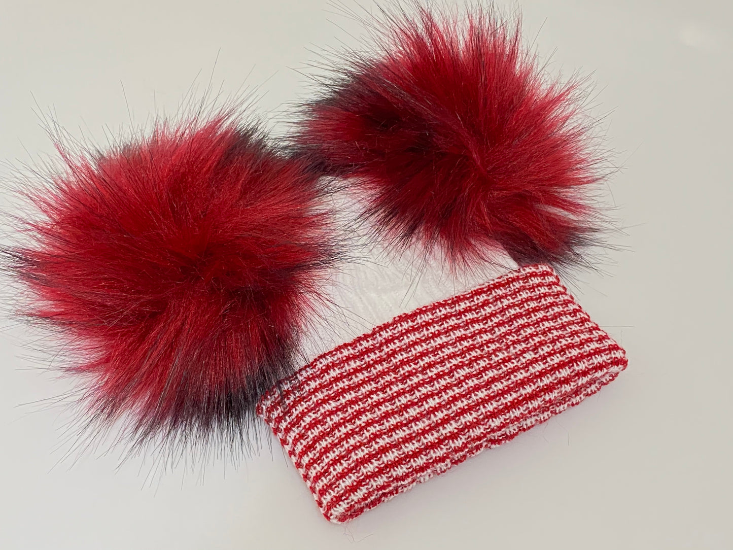 Red and white striped knitted winter baby pom pom hat