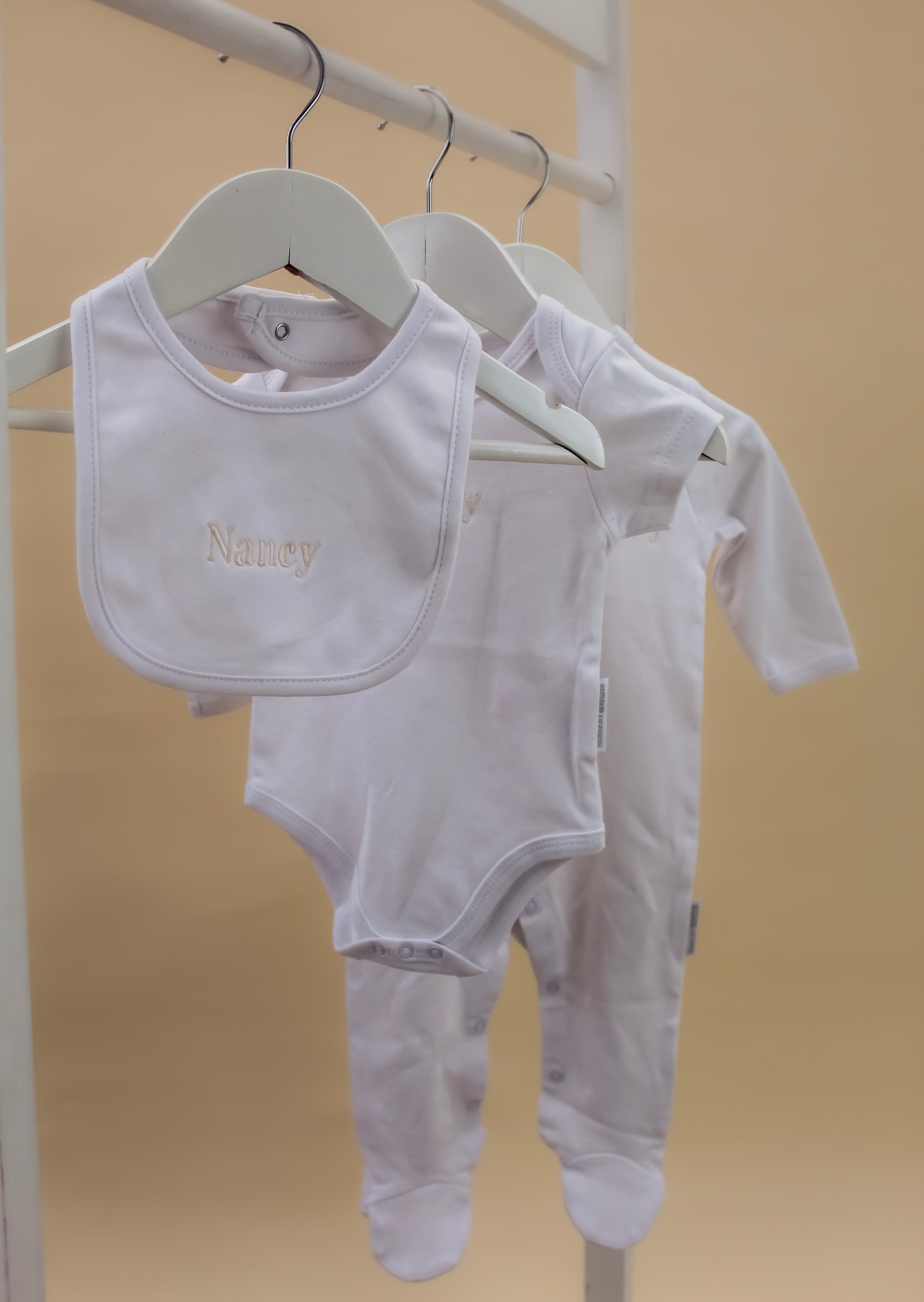 5 piece embroidered white baby newborn gift set