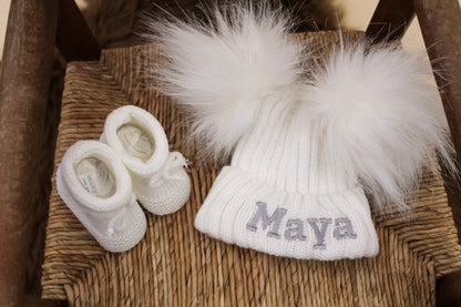 Embroidered White Knitted Double Pom-Pom Baby Hat