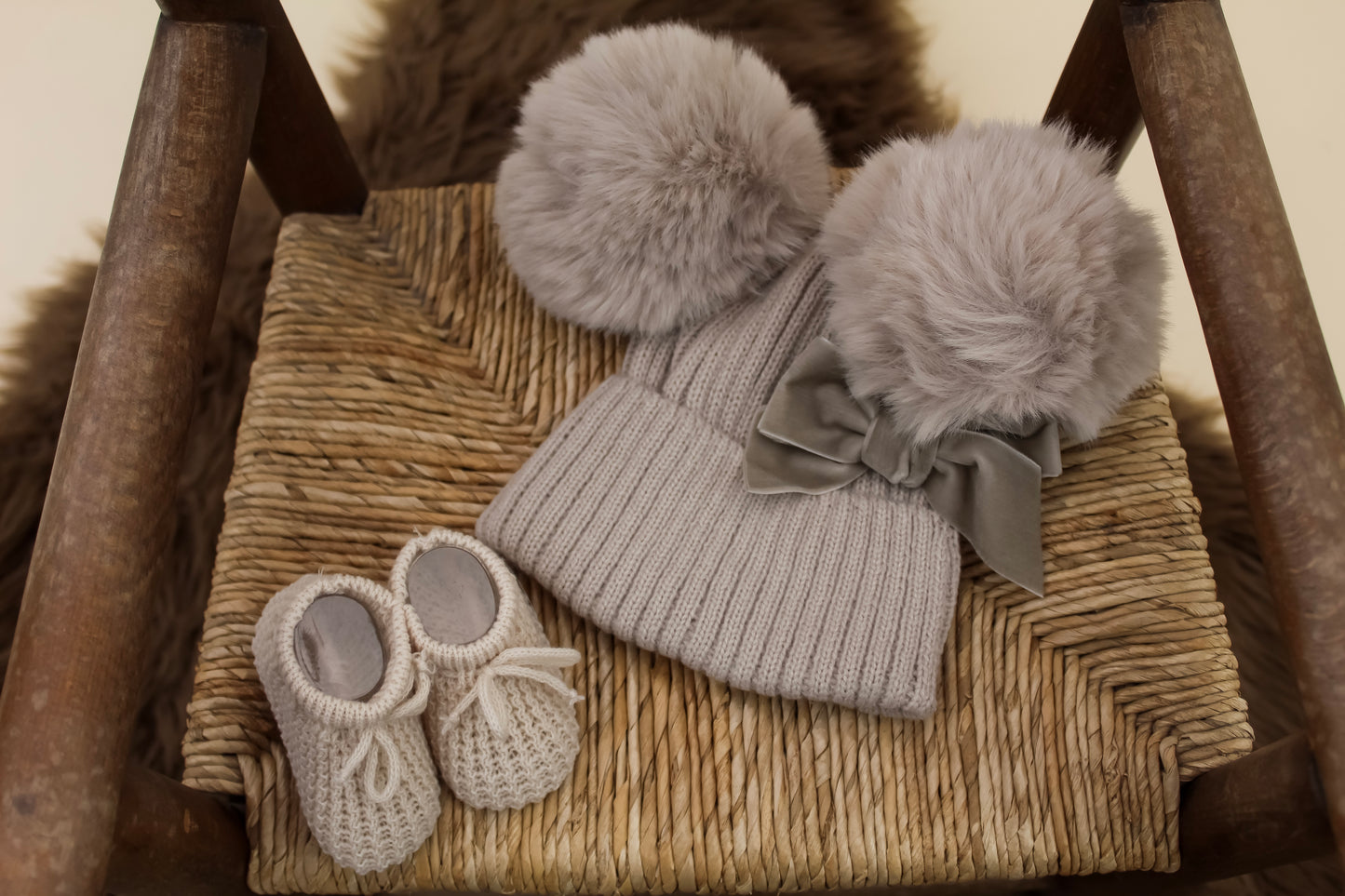 Taupe Knitted Double Pom-Pom Baby Hat with Bow