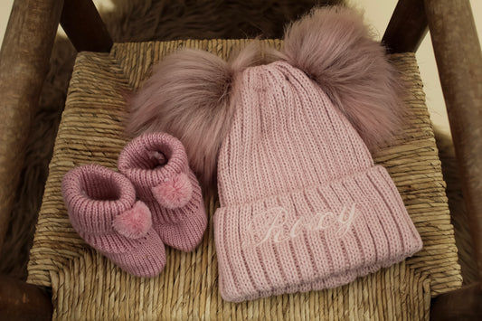 Rose Gold Knitted winter baby double pom pom hat with rose gold knitted baby booties