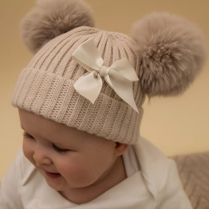 Double pom pom cream knitted bow baby hat