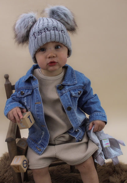 cute baby boy knitted hat and denim jacket