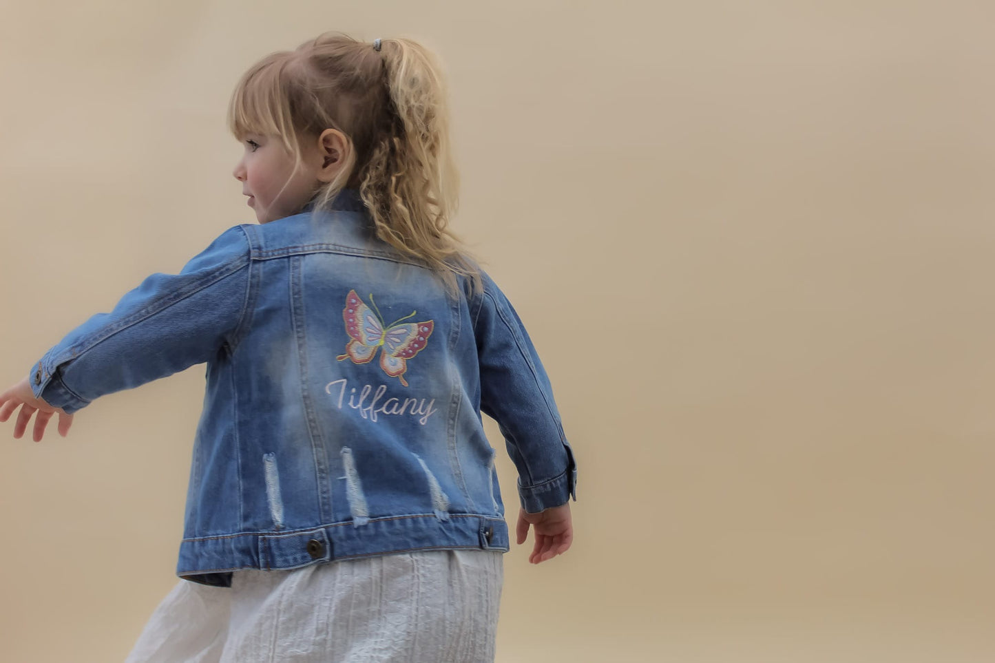 cute personalised toddler denim jacket with Butterfly