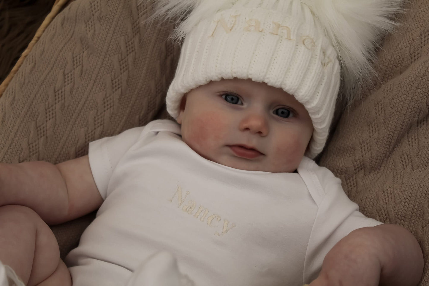 cute white personalised baby hat